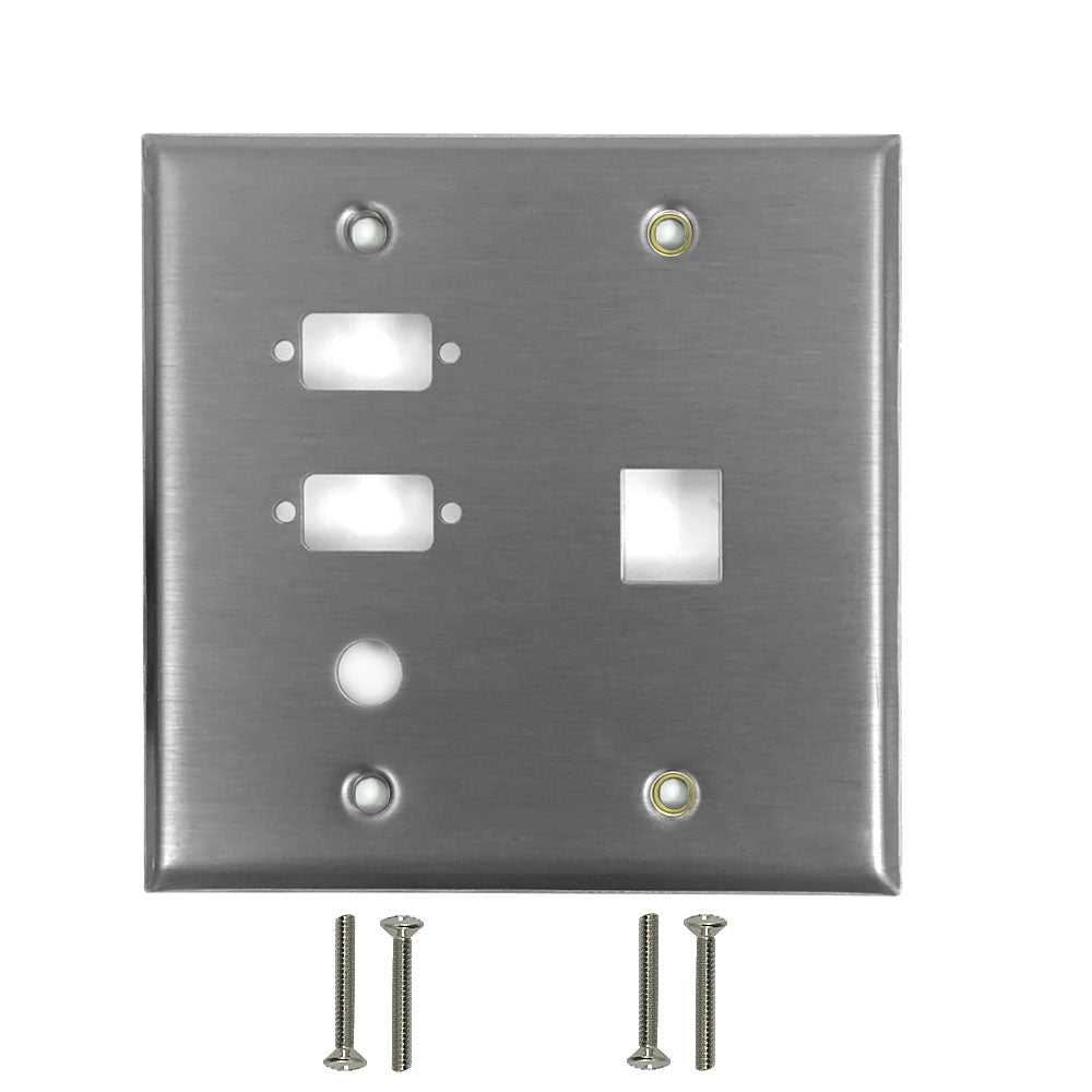 Double Gang - 2x ICDB Cutout - 1x 3/8 inch Hole - 1x Keystone - Stainless Steel Wall Plate – Generic