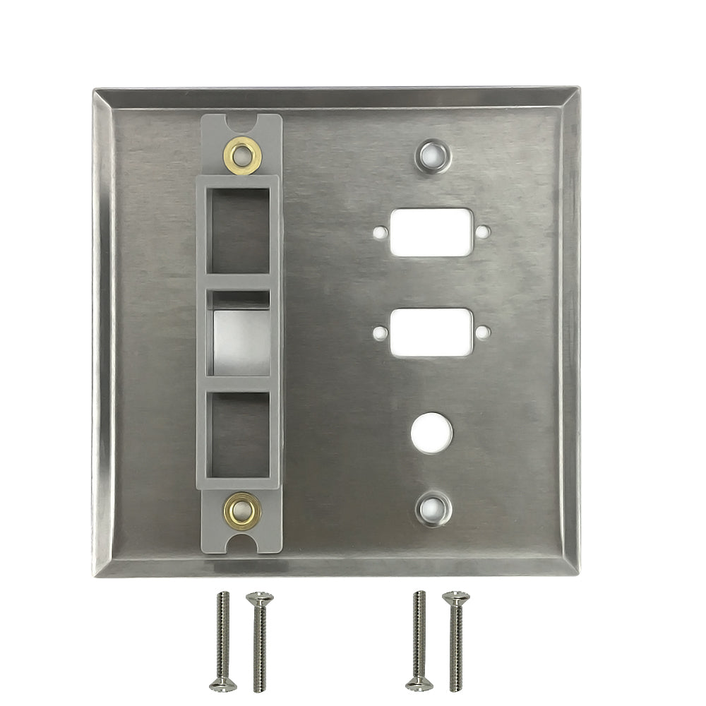 Double Gang - 2x ICDB Cutout - 1x 3/8 inch Hole - 1x Keystone - Stainless Steel Wall Plate – Generic – Stainless Steel Wall Plates (photo 2)