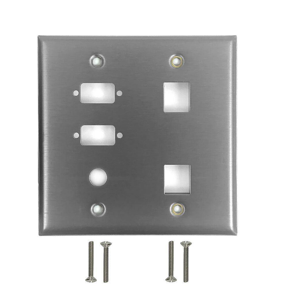 Double Gang - 2x ICDB Cutout - 1x 3/8 inch Hole - 2x Keystone - Stainless Steel Wall Plate – Generic