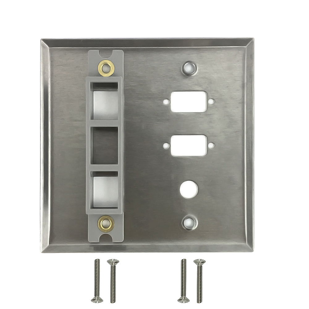 Double Gang - 2x ICDB Cutout - 1x 3/8 inch Hole - 2x Keystone - Stainless Steel Wall Plate – Generic – Stainless Steel Wall Plates (photo 2)