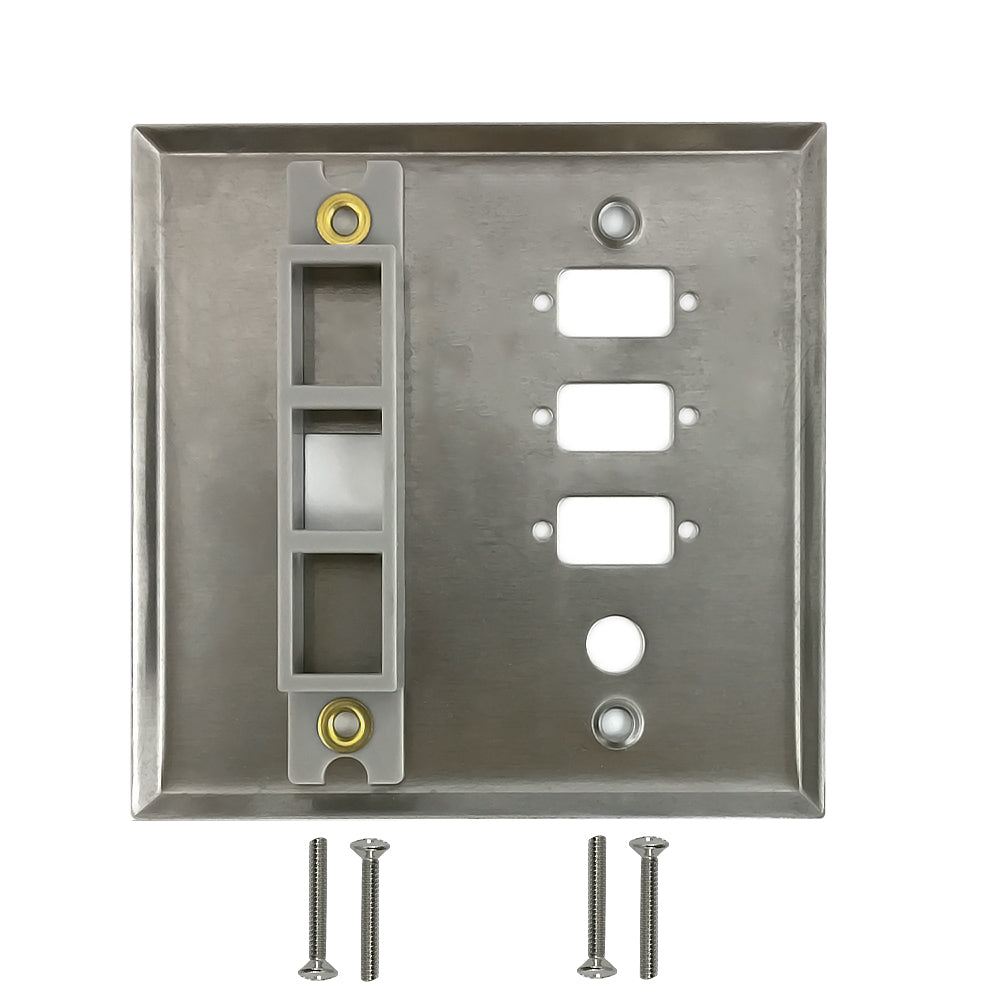 Double Gang - 3x ICDB Cutout - 1x 3/8 inch Hole - 1x Keystone - Stainless Steel Wall Plate – Generic – Stainless Steel Wall Plates (photo 2)