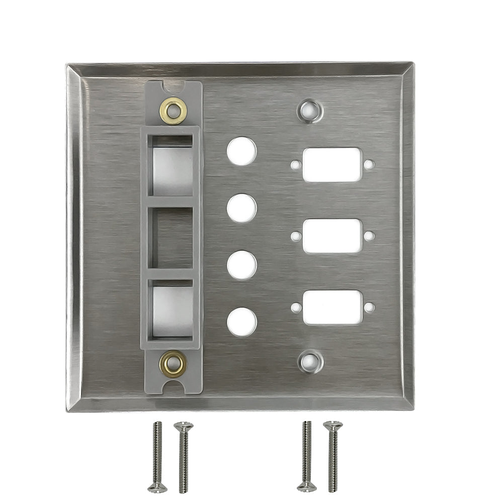 Double Gang - 3x ICDB Cutout - 4x 3/8 inch Hole - 2x Keystone - Stainless Steel Wall Plate – Generic – Stainless Steel Wall Plates (photo 2)