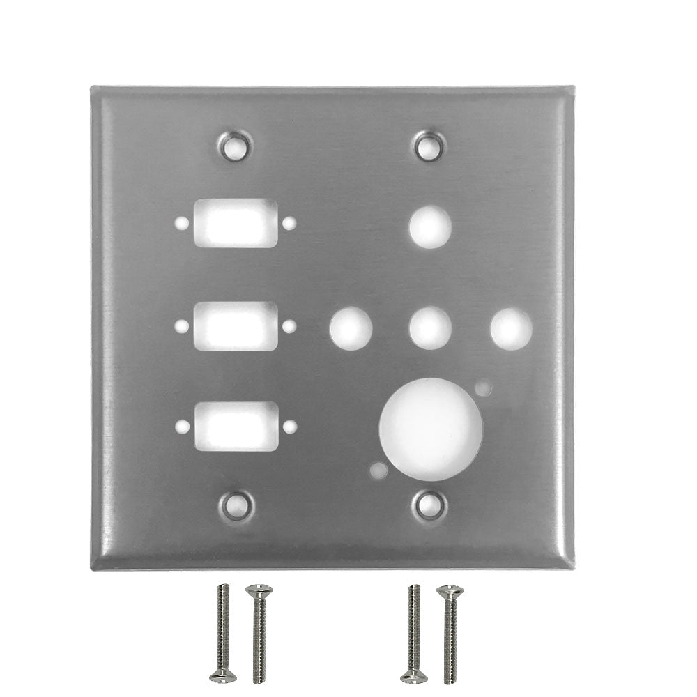 Double Gang - 3x ICDB Cutout - 4x 3/8 inch Hole - 1x D-Cut - Stainless Steel Wall Plate – Generic – Stainless Steel Wall Plates