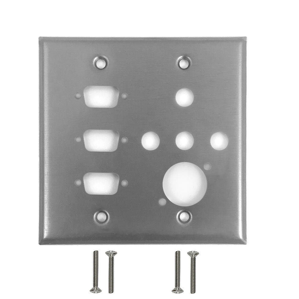 Double Gang - 3x DB9 Cutout - 4x 3/8 inch Hole - 1x XLR - Stainless Steel Wall Plate – Generic – Stainless Steel Wall Plates