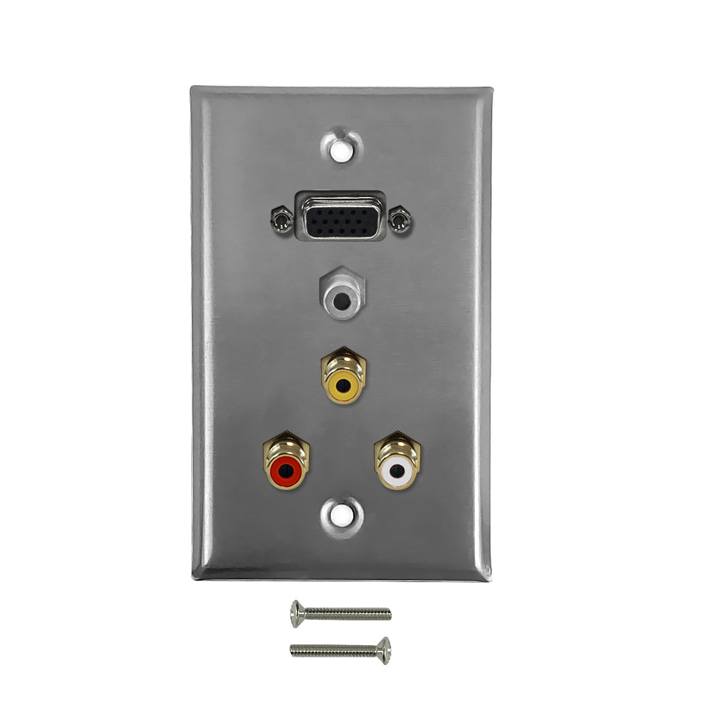 VGA, 3.5mm, RCA Composite + Left/Right Audio Single Gang Wall Plate Kit - Stainless Steel – Generic