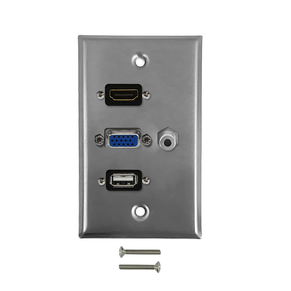 VGA, 3.5mm, HDMI, USB Single Gang Wall Plate Kit - Stainless Steel – Generic