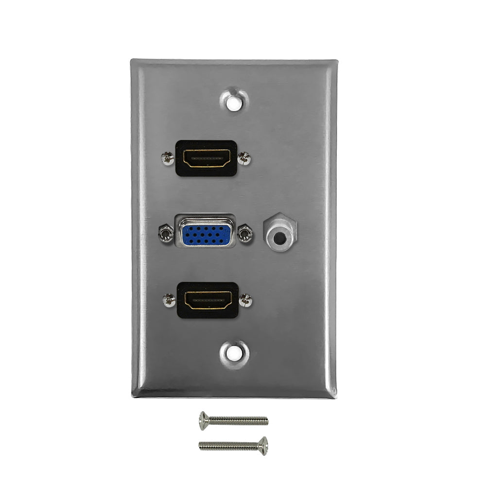 VGA, 3.5mm, 2x HDMI Single Gang Wall Plate Kit - Stainless Steel – Generic – Wall Plate Kits