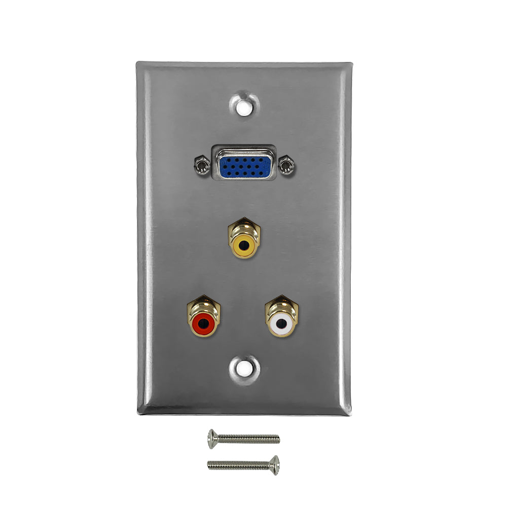 VGA, RCA Composite + Left/Right Audio Single Gang Wall Plate Kit - Stainless Steel – Generic