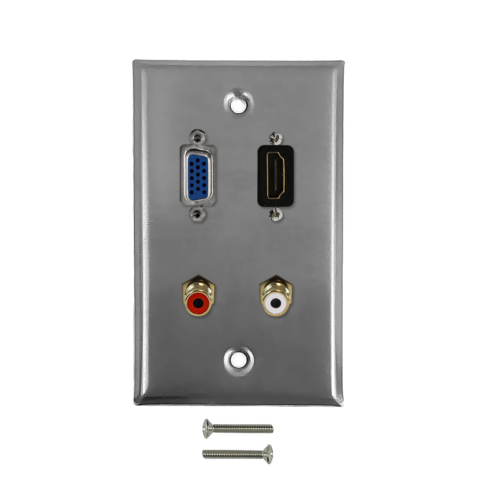 VGA, HDMI, RCA + Left/Right Audio Single Gang Wall Plate Kit - Stainless Steel – Generic – Wall Plate Kits