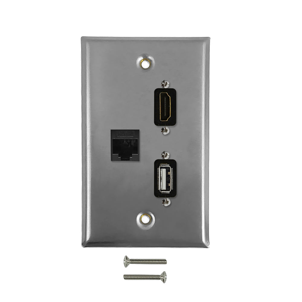 Single Gang SS Wall Plate Kit (1x HDMI, 1x USB, 1x CAT6) – Generic