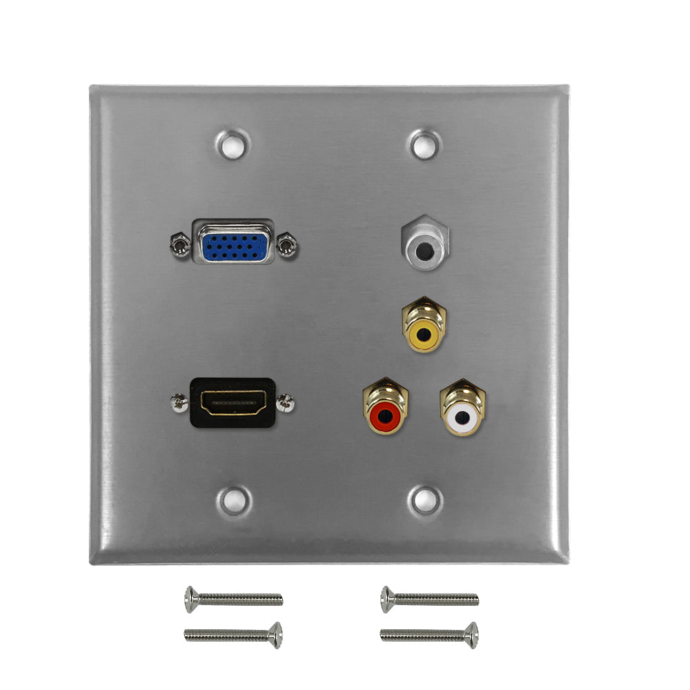 VGA, HDMI, 3.5mm + RCA Composite + Left/Right Audio Double Gang Wall Plate Kit - Stainless Steel – Generic