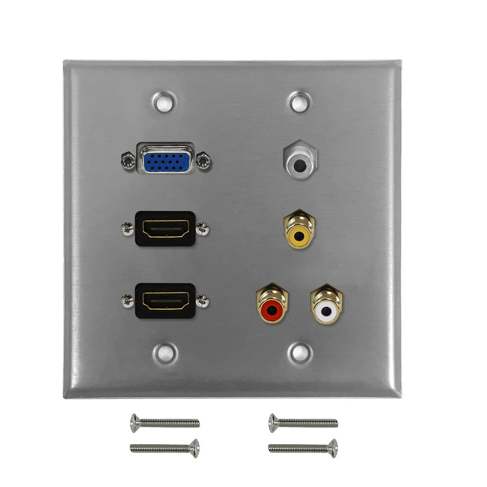 VGA, 2x HDMI, 3.5mm, RCA Composite + Left/Right Audio Double Gang Wall Plate Kit - Stainless Steel – Generic
