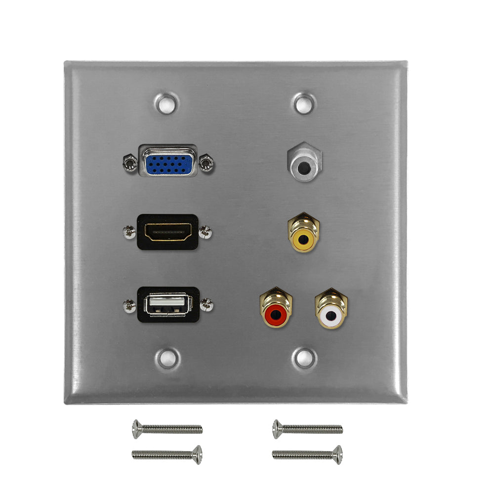 VGA, USB, HDMI, 3.5mm, RCA Composite + Left/Right Audio Double Gang Wall Plate Kit - Stainless Steel – Generic