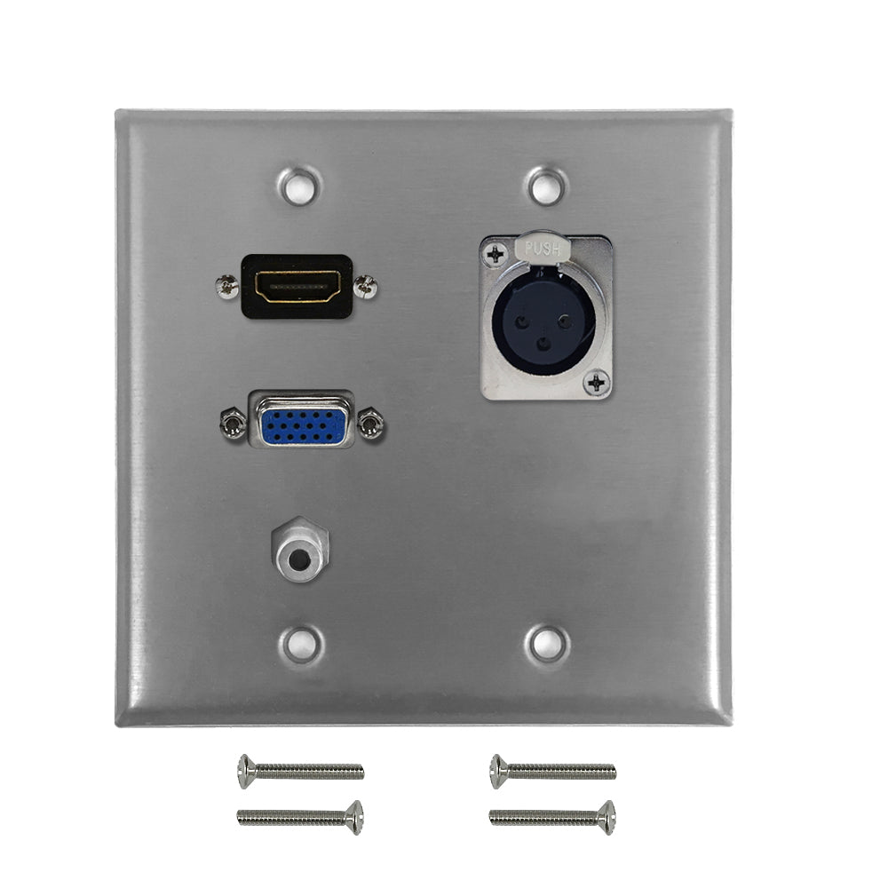 VGA, 3.5mm, HDMI, XLR Locking Female Double Gang Wall Plate Kit - Stainless Steel – Generic