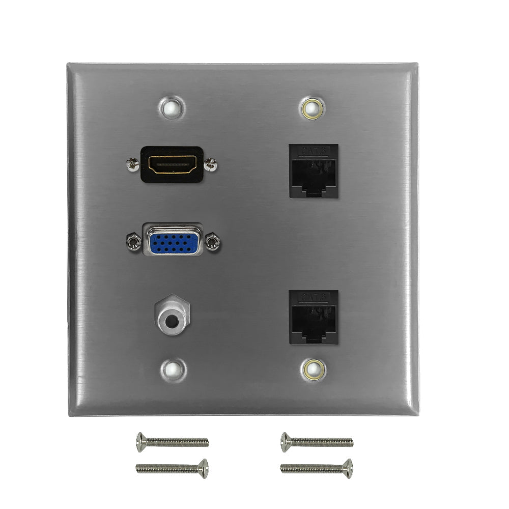 VGA, 3.5mm, HDMI, 2x Cat6 Double Gang Wall Plate Kit - Stainless Steel – Generic