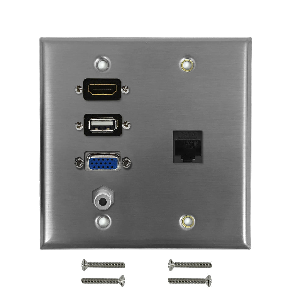 VGA, USB, HDMI, 3.5mm, CAT6 F/F Double Gang Wall Plate Kit - Stainless Steel – Generic