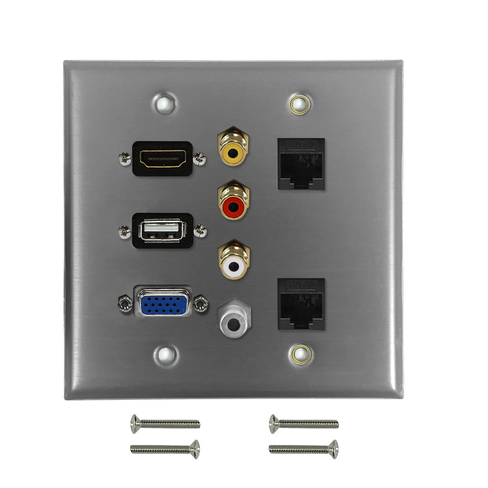 VGA, USB, HDMI, 3.5mm, RCA Composite + Left/Right Audio, 2x Cat6 F/F Double Gang Wall Plate Kit - Stainless Steel – Generic