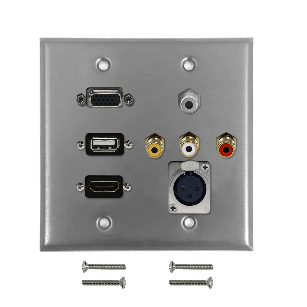 VGA, USB, HDMI, 3.5mm, RCA Composite + Left/Right Audio, XLR Female Double Gang Wall Plate Kit - Stainless Steel – Generic