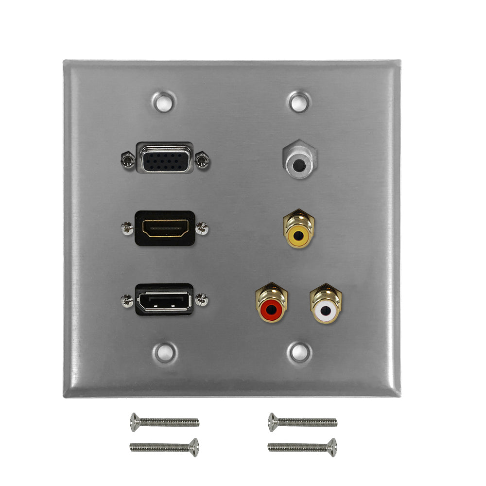 VGA, HDMI, DisplayPort, 3.5mm, RCA Composite + Left/Right Audio Doublegang Wall Plate Kit - Stainless Steel – Generic – Wall Plate Kits