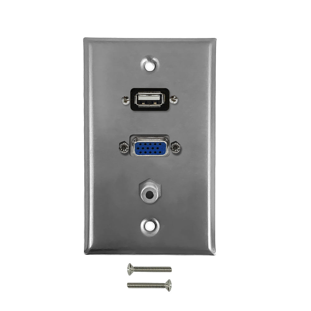 VGA, USB, 3.5mm Single Gang Wall Plate Kit - Stainless Steel – Generic – Wall Plate Kits